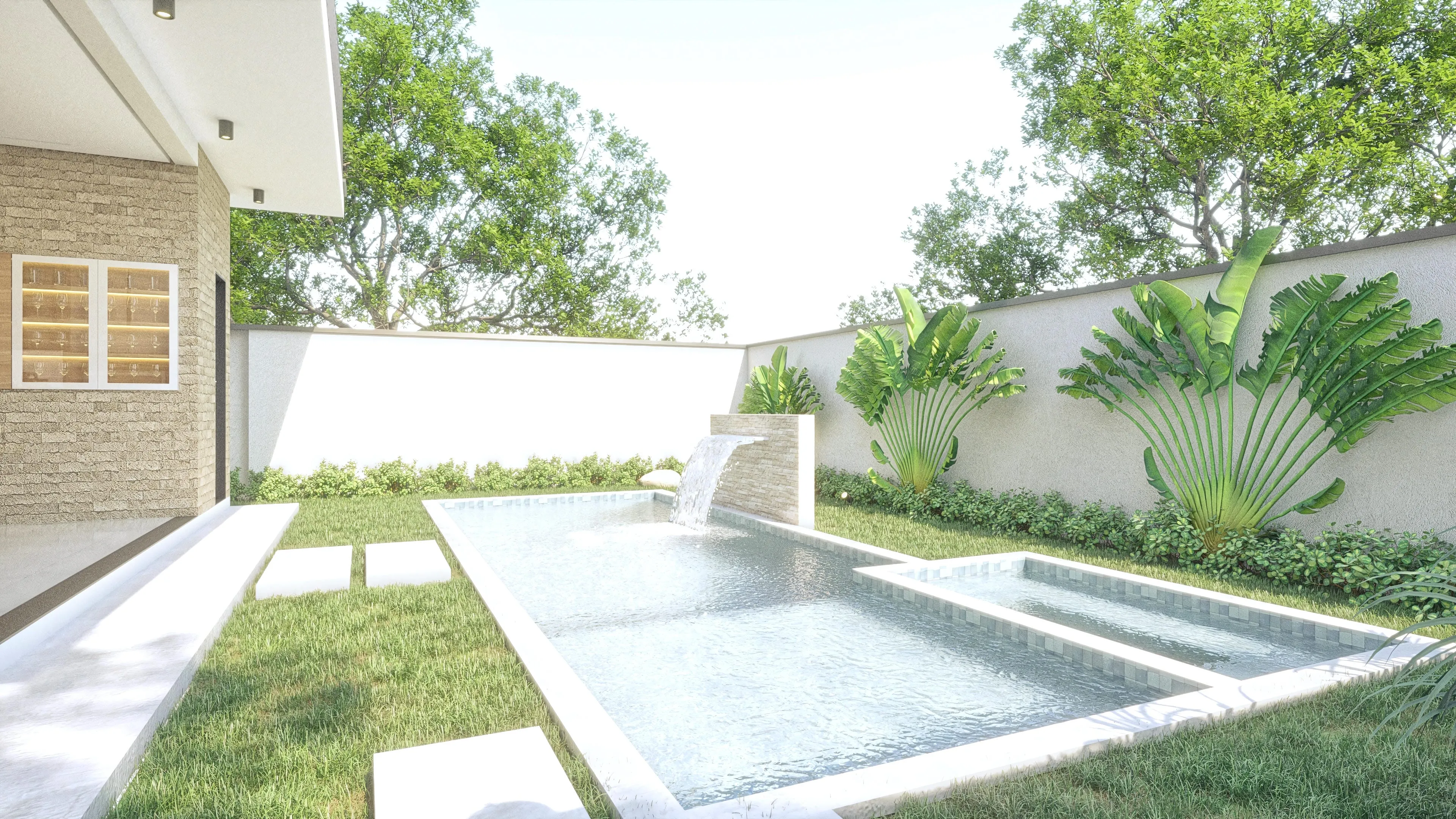 Vista externa de sobrado clássico com 4 suítes, destacando piscina, área gourmet e home office. Terreno plano e lote regular.