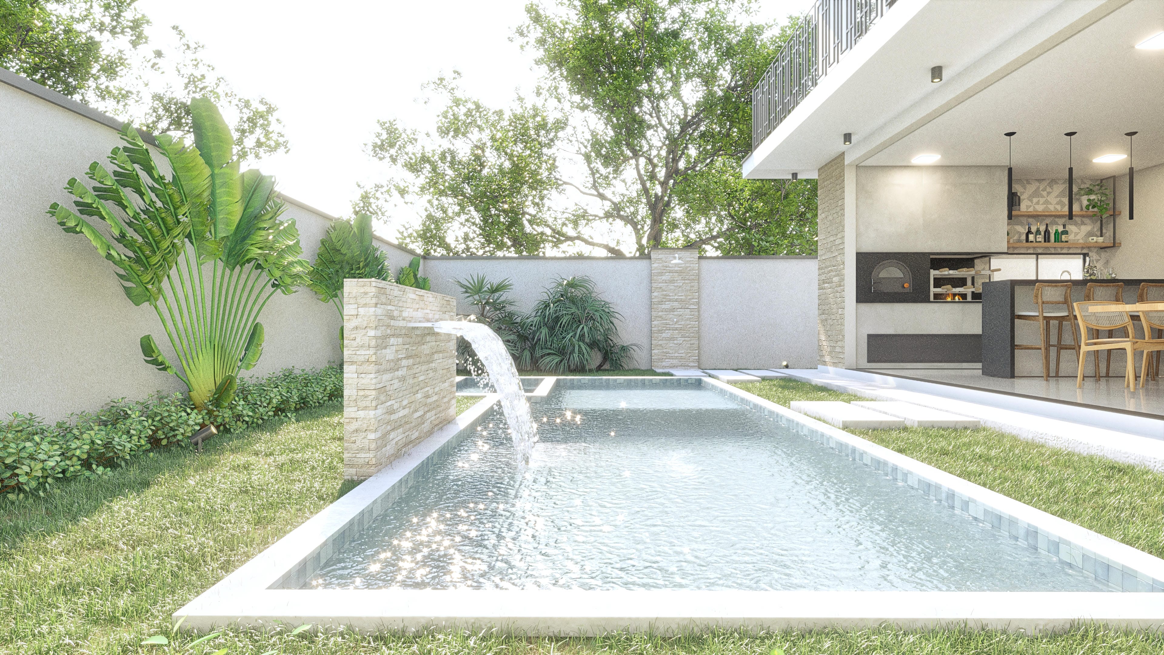 Vista exterior de casa de dos pisos clásica con piscina, área gourmet y paisajismo tropical, destacando la fachada y los detalles arquitectónicos.