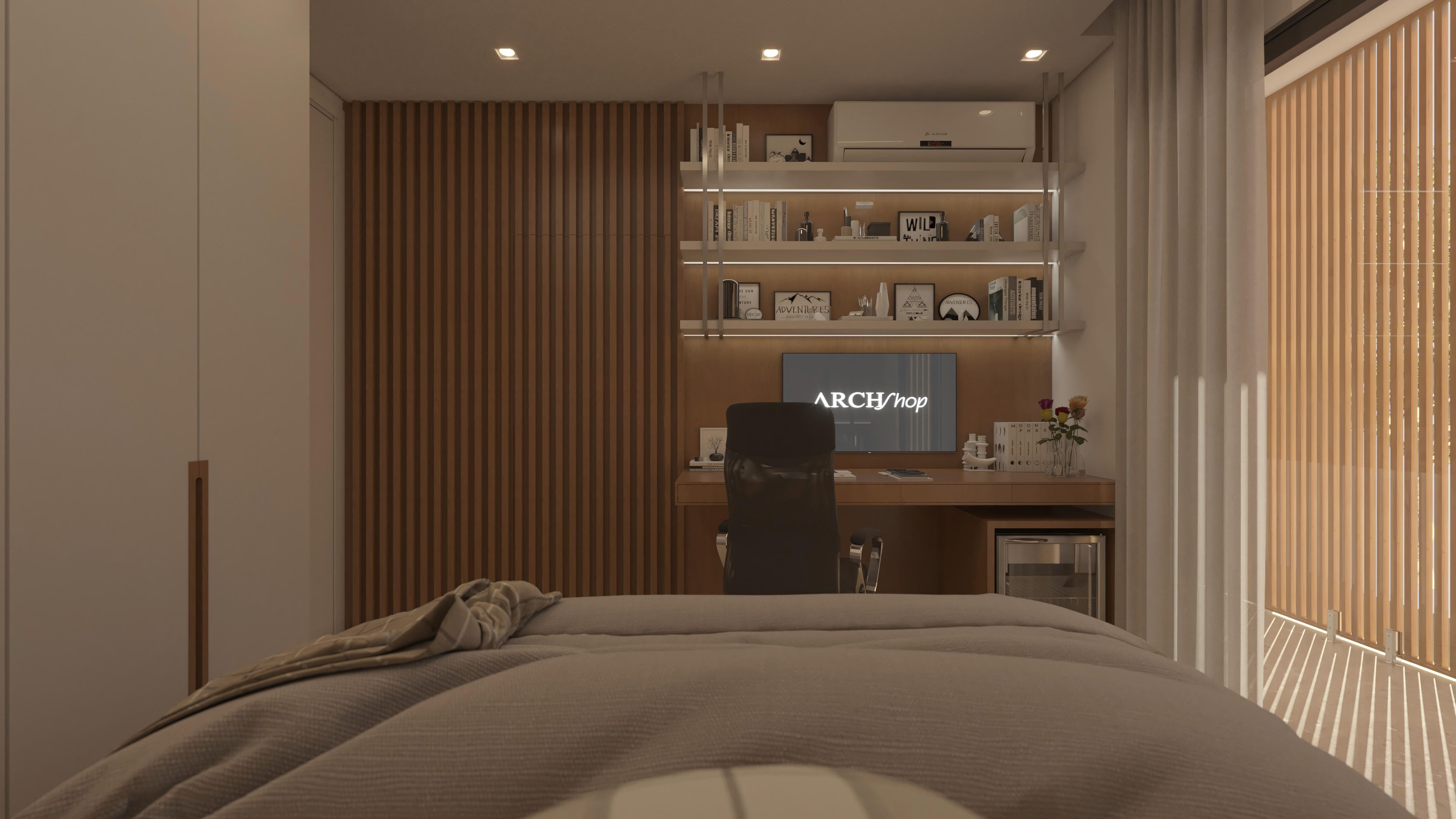 Internal environment of a modern office with an office built into a wooden wall, illuminated shelves with decorative objects and books, and a large window with wooden blinds creating a play of light.