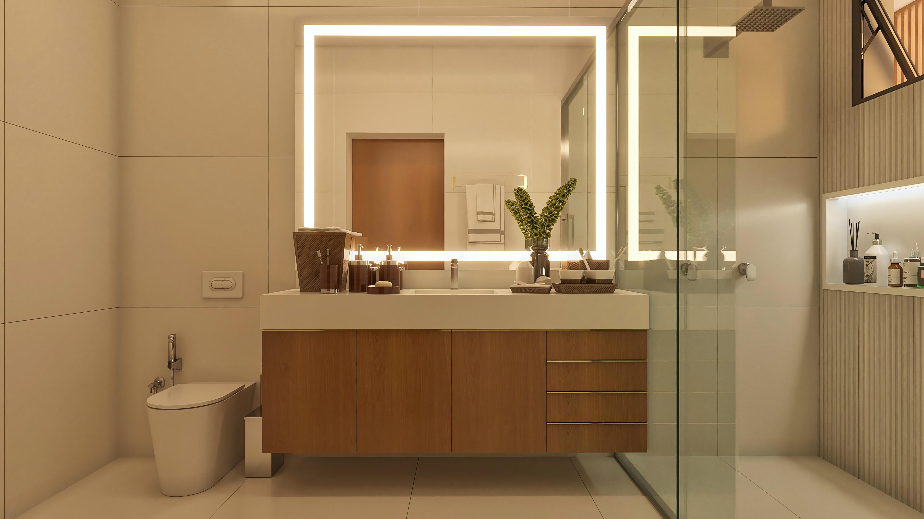 High-end bathroom with marble vanity, mirror with LED lighting, modern shower, and wood cladding.