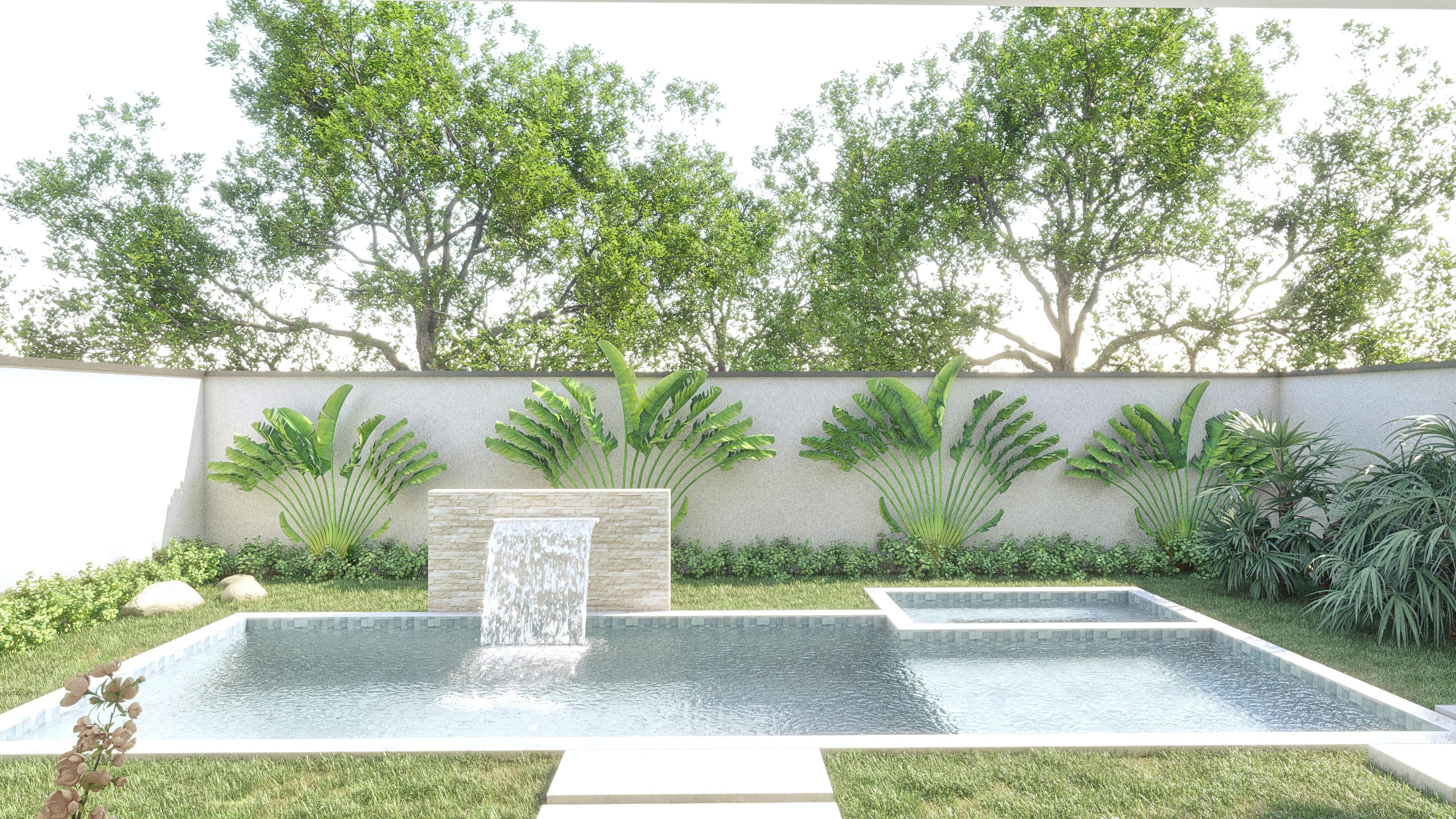 Leisure area with a modern pool and waterfall, surrounded by lush vegetation and tropical landscaping.