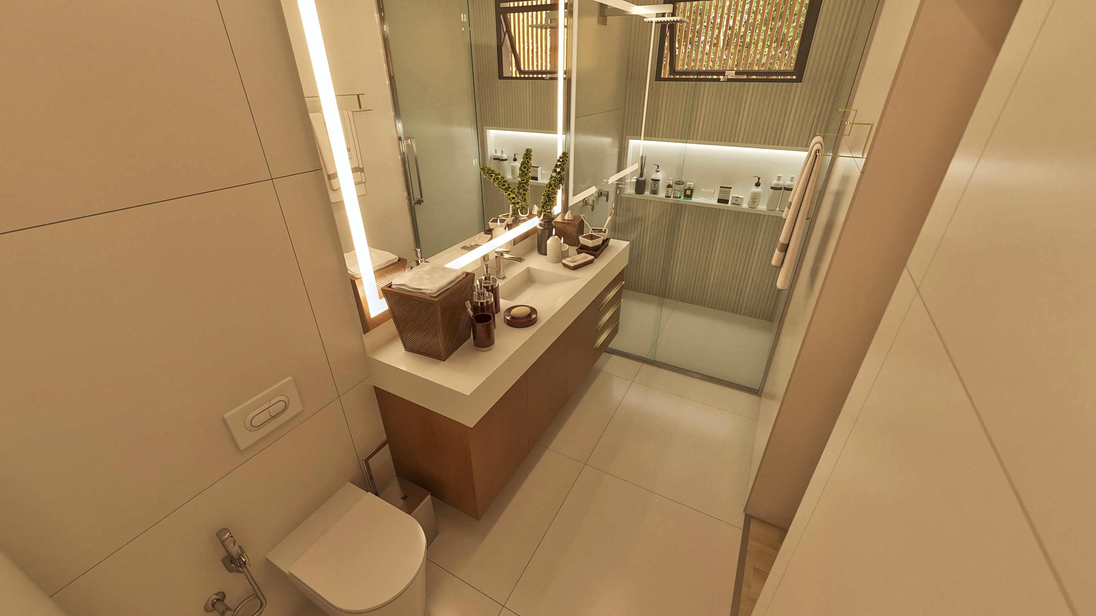 Interior de un moderno cuarto de baño con encimera de madera, lavabo esculpido, gran espejo con iluminación LED y cabina de ducha. Paredes de suave textura y ventanas caladas con lamas de madera.
