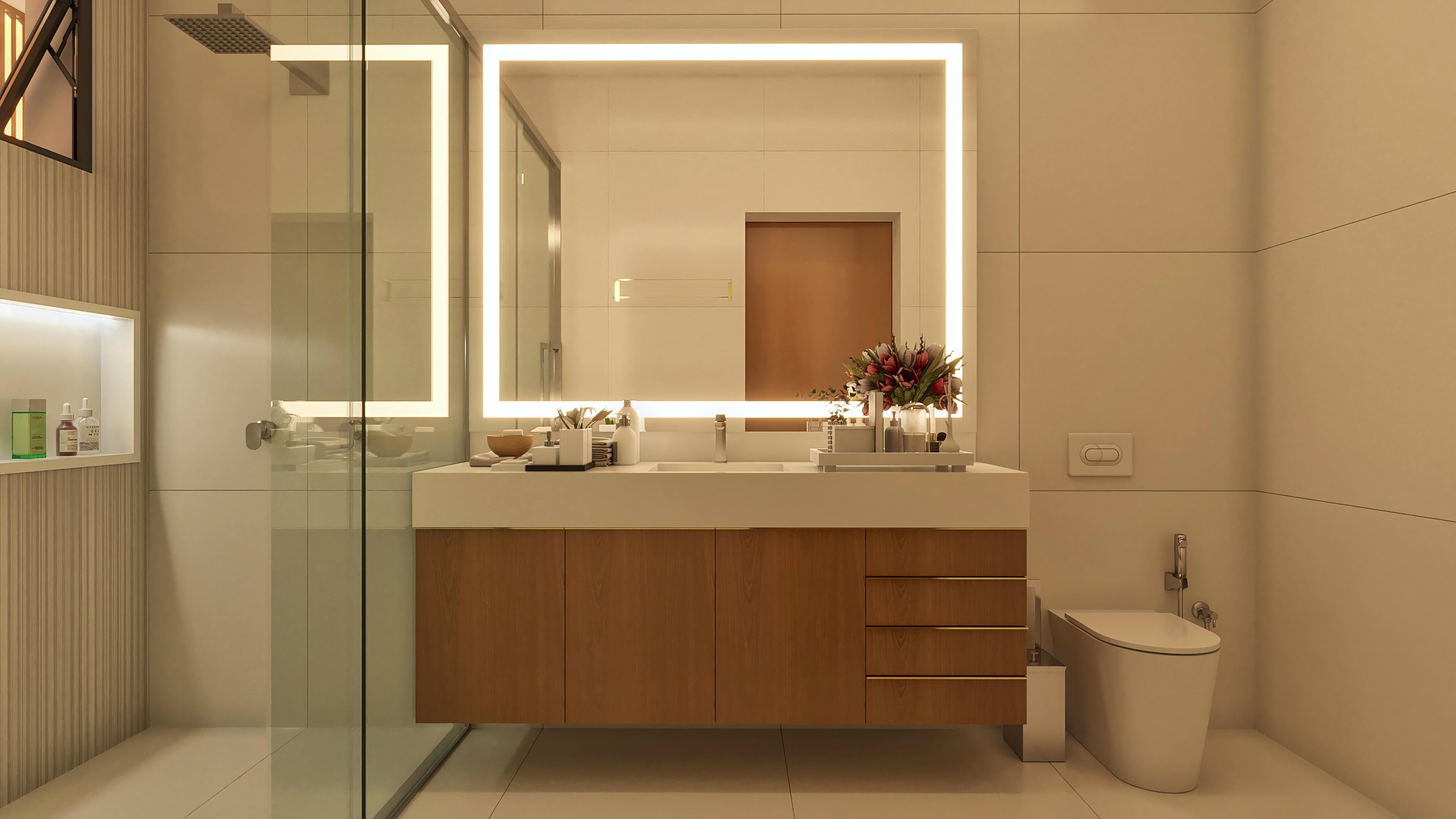 High-end bathroom with suspended wooden vanity, illuminated mirror, and golden details. It features a shower enclosure and built-in illuminated niche.