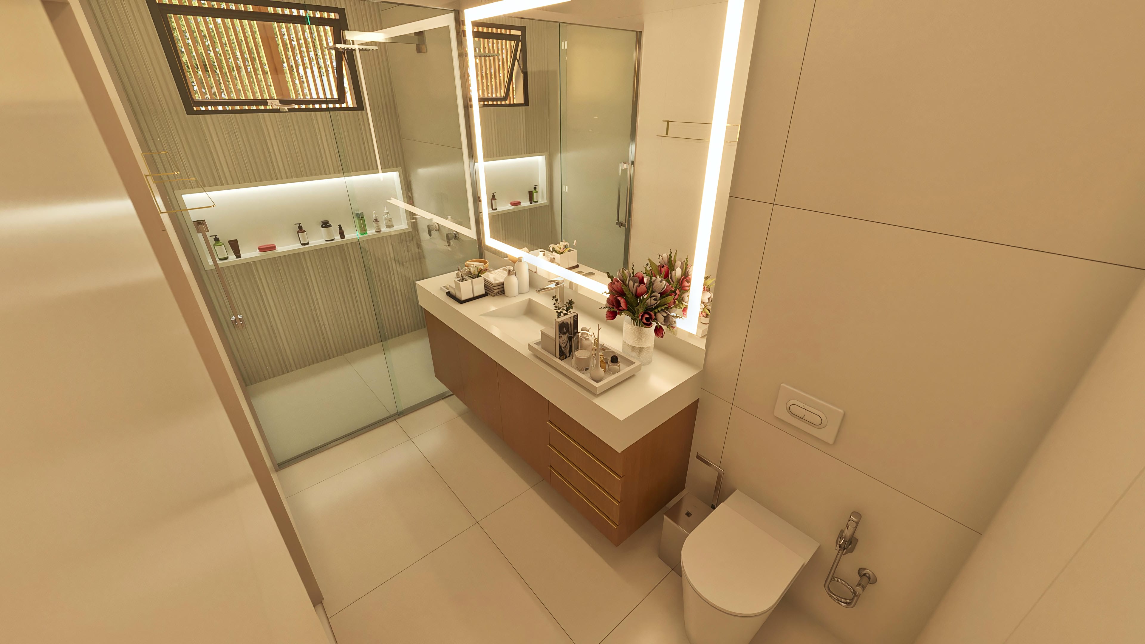 Details of a modern and luxurious bathroom with white marble vanity, light wood cabinet, and LED-illuminated mirror.