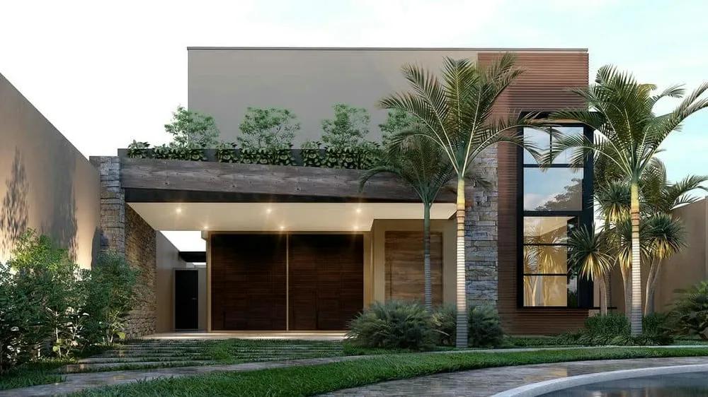 Facade of a modern two-story house of the Europa Project with double-height ceiling and hanging gardens, ideal for a 15x30 lot.