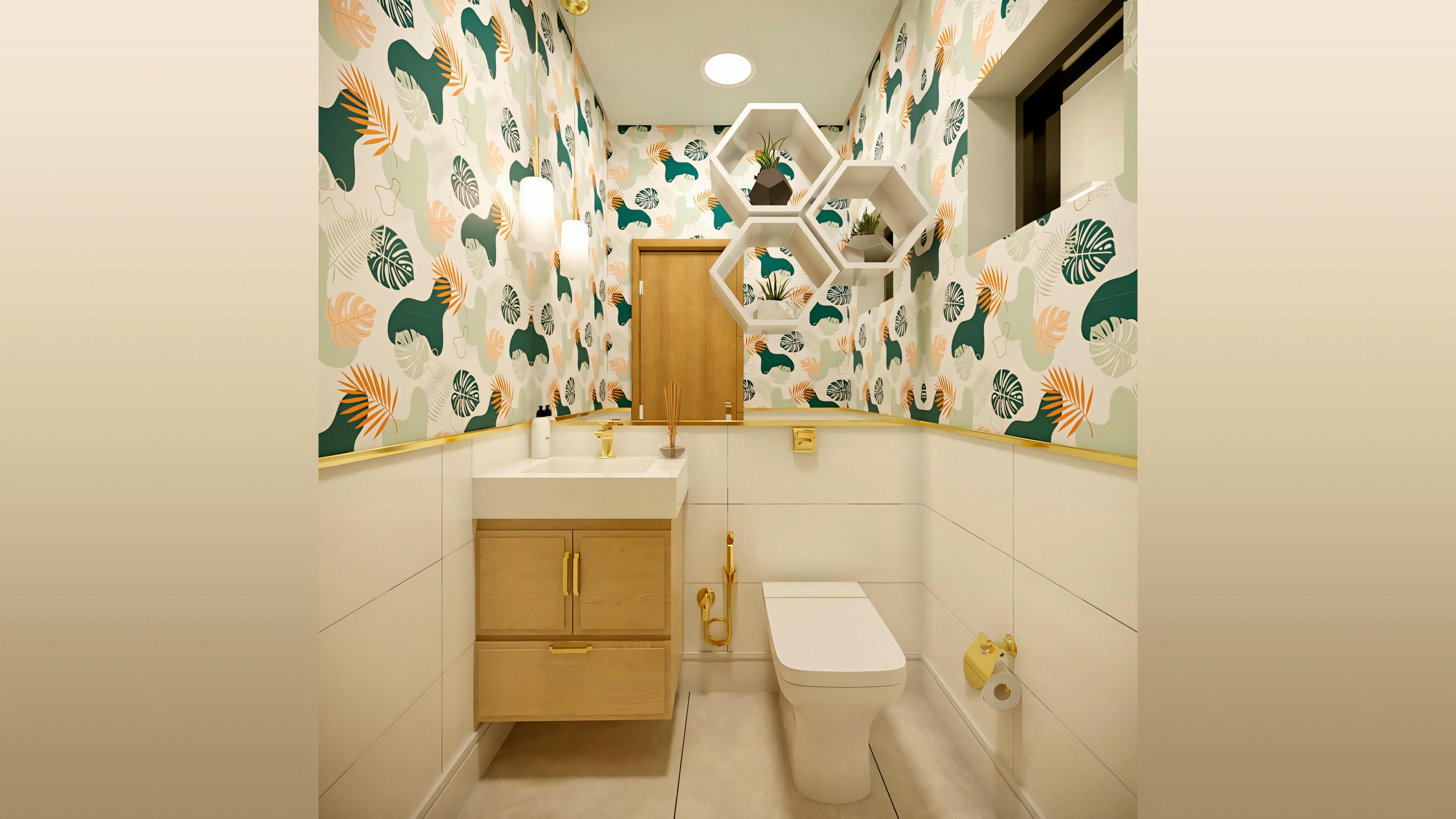 Un baño con encimera blanca, mueble de madera debajo, espejo sobre el lavabo y papel pintado con estampado de hojas verdes.