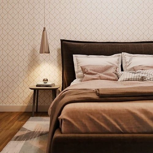 Uma suíte master luxuosa e bem decorada, destacando o conforto e o design funcional.