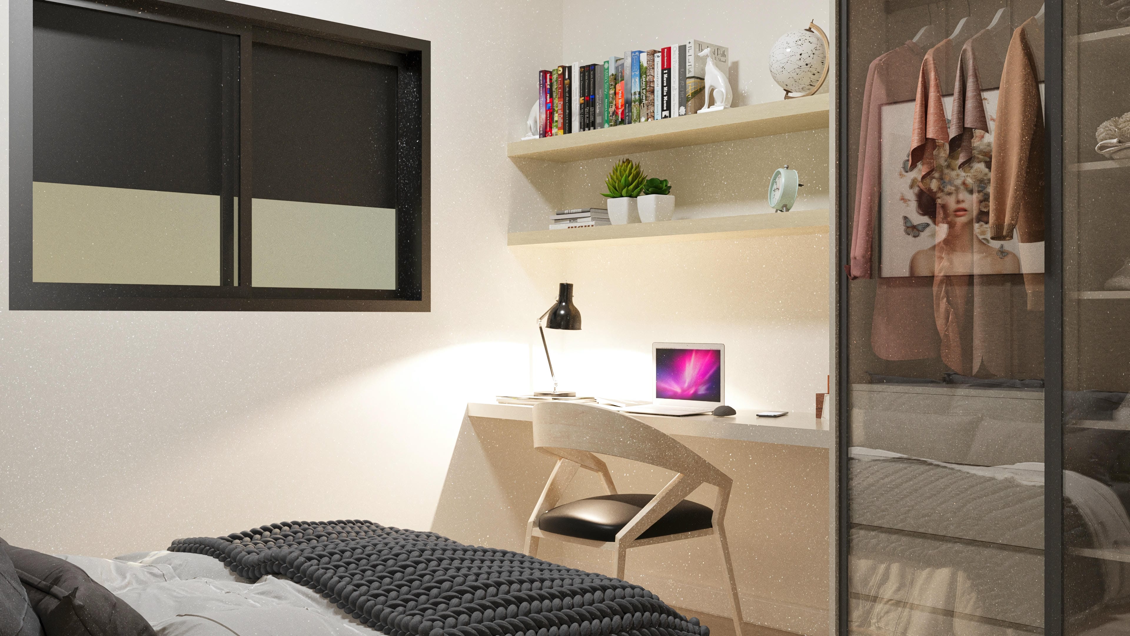 Modern interior with a bed, an office with a laptop and design chair, and a closet with exposed clothes, featuring a textured finish on the walls and shelves.