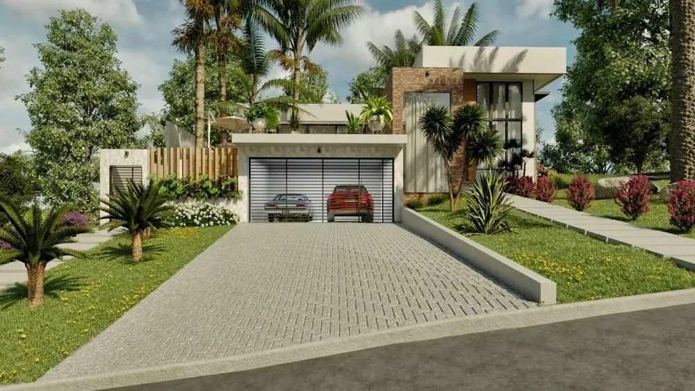 House facade with 4 suites, spa, and fire pit, with modern design and integration with nature.