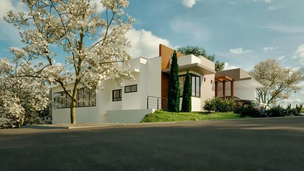 Interior of a house with 5 suites, showing the living room integrated with the outdoor area with pool.