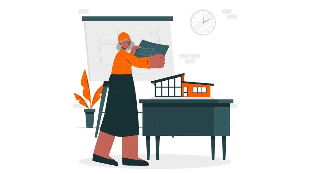 Illustration of an architect holding a floor plan and looking at a modern house model on a table, with a project board in the background.