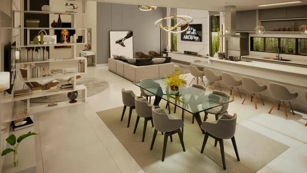Área gourmet moderna e clean, com bancadas amplas e elementos minimalistas.