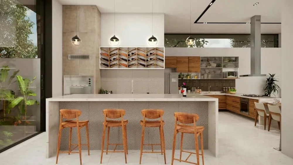 Área gourmet con piscina, con diseño limpio y moderno, ideal para disfrutar de momentos de ocio.