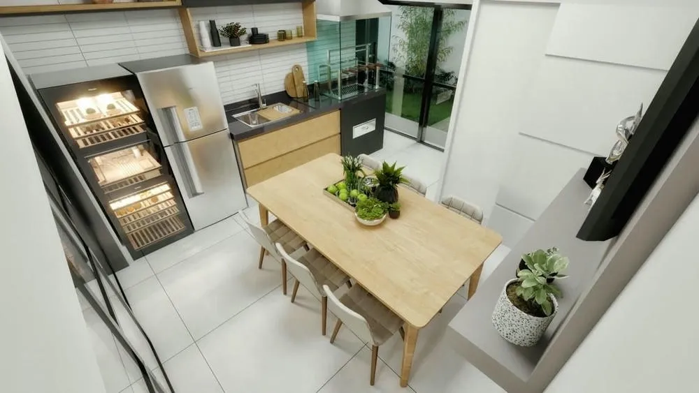 Área gourmet compacta y funcional del Proyecto América, con barbacoa y mesa, integrando estilo escandinavo y rústico.
