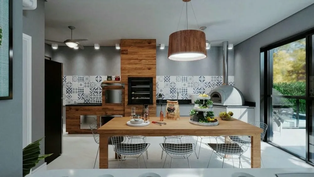 Área gourmet del Proyecto Colombia en estilo sofisticado y minimalista, con madera, azulejos azules, horno de leña e hidromasaje interior.