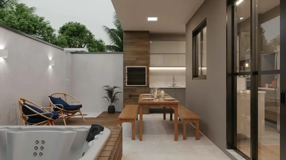 Área social integrada, com cozinha e sala, no Projeto Bangkok.