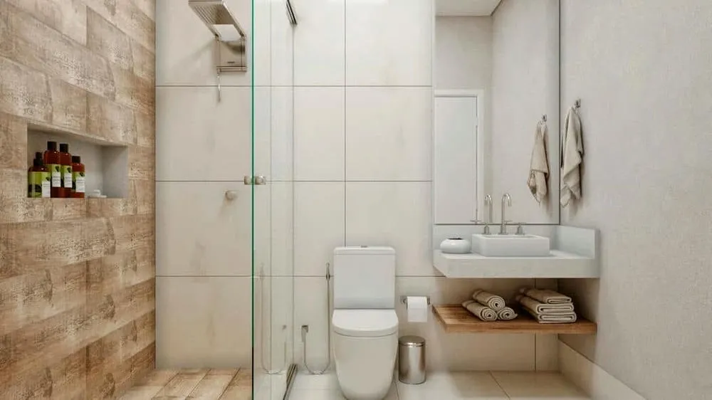 View of a balanced bathroom with natural elements and soft tones, from the Finland Project.