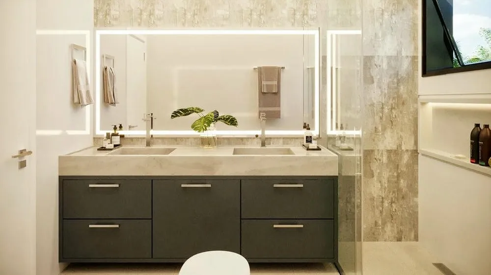 Banheiro espaçoso com design clean e moderno, destacando-se pela amplitude, do Projeto Malta.
