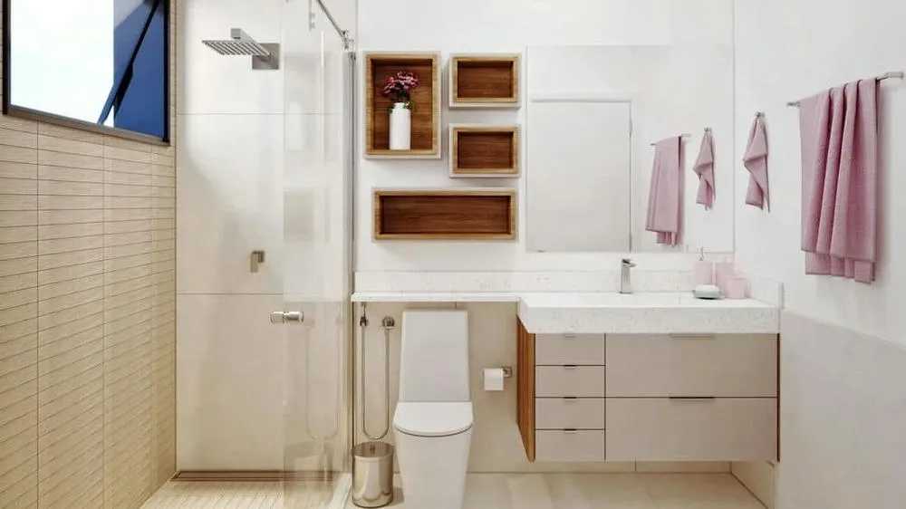 Detalhes de um banheiro sofisticado com acabamentos modernos e elegante, do Projeto Budapeste.