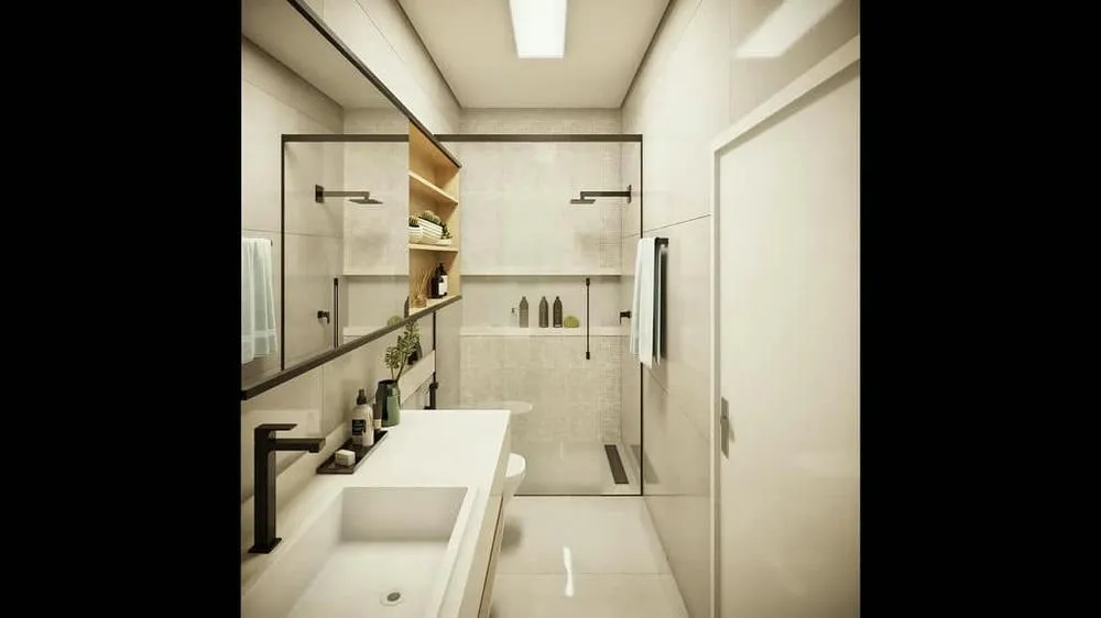Detalhe de um banheiro sofisticado com elementos neutros e design minimalista, do Projeto Porto.