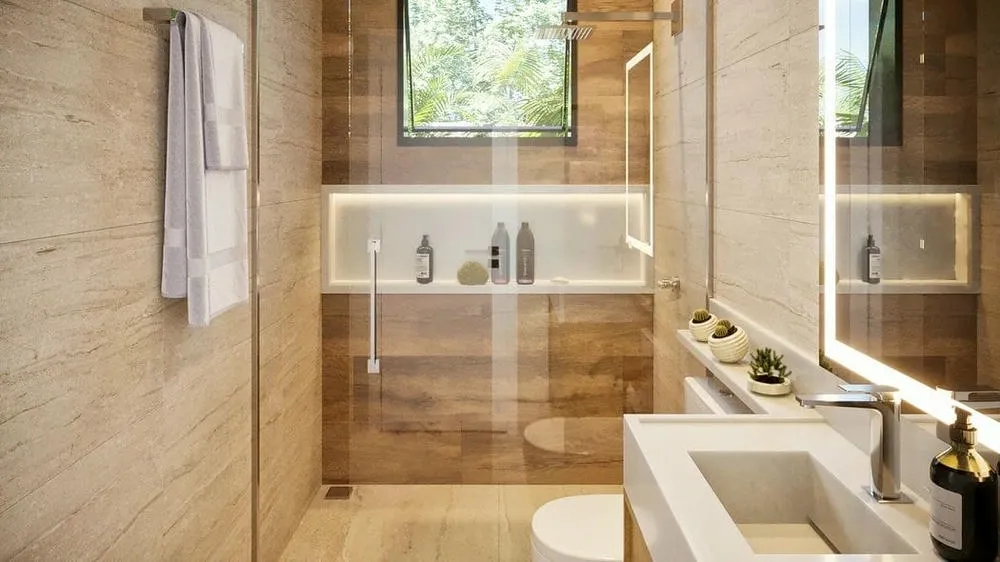 Baño con diseño contemporáneo, combinando madera, negro mate y blanco para un look acogedor y moderno, del Proyecto Malta.