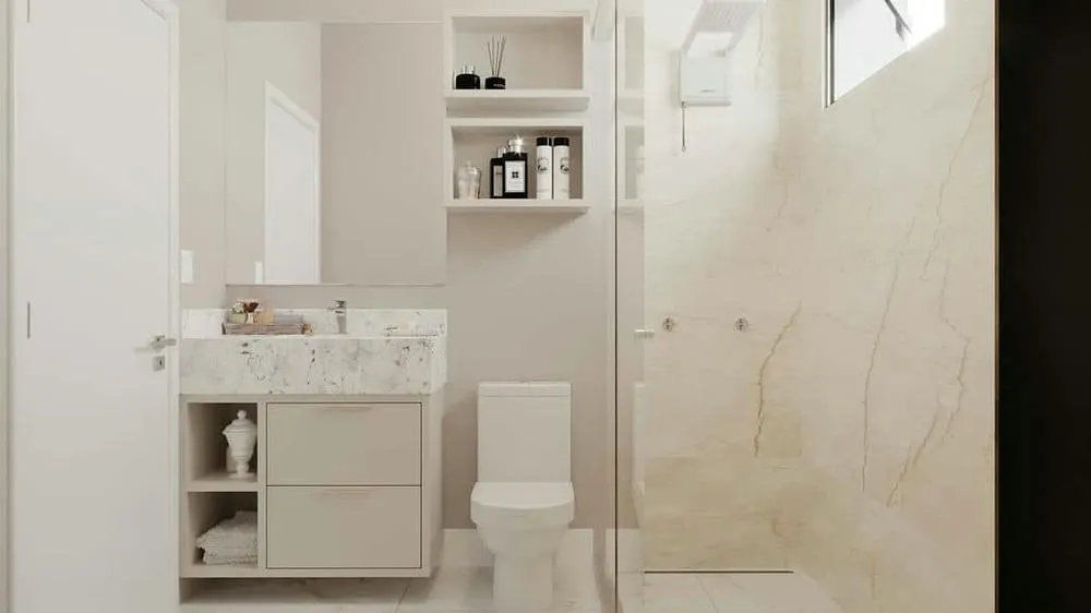 Detalles de un baño elegante y simple, con acabados claros y minimalistas, del Proyecto Turín.