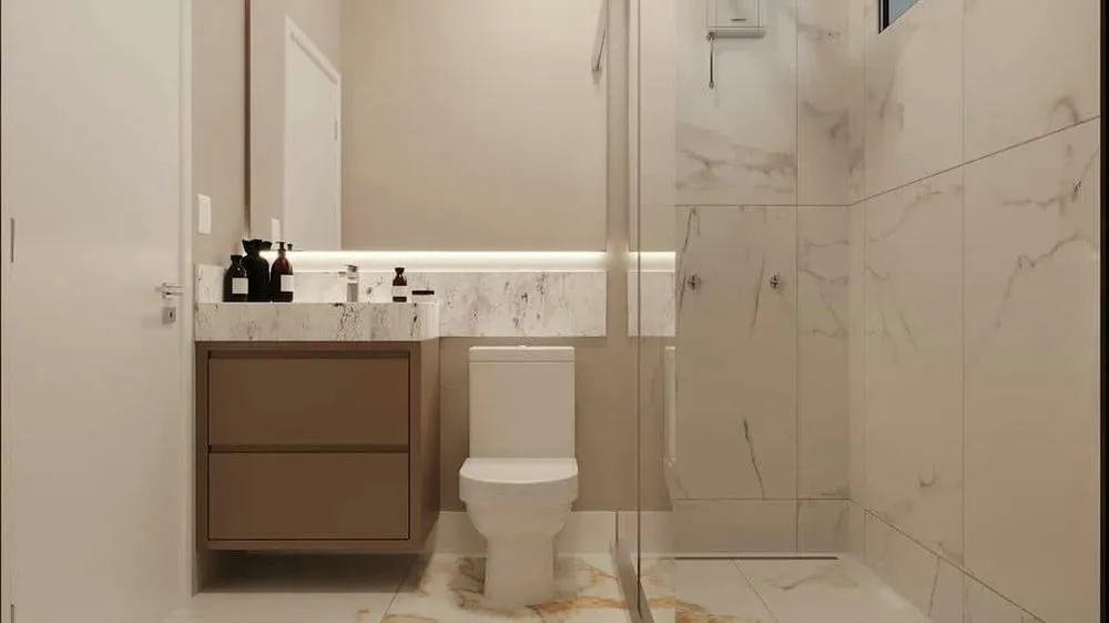 Baño con visual limpio y distribución optimizada, destacándose por la estética contemporánea, del Proyecto Turín.