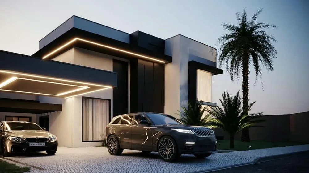 Modern facade of a house with LED lighting and black and white details.