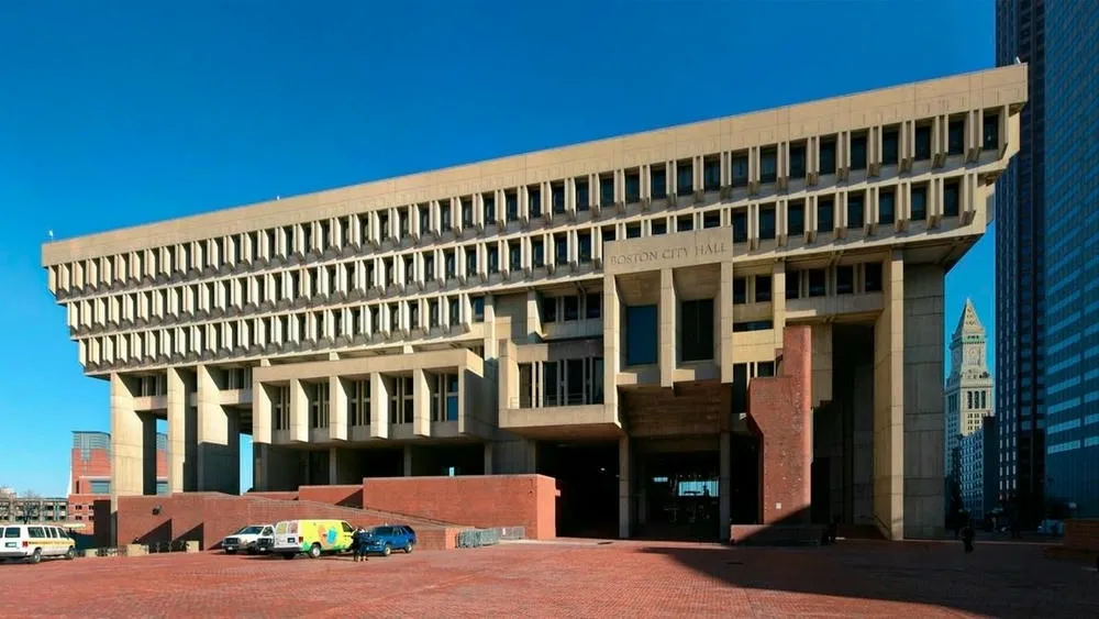 Exterior view of Boston City Hall, Massachusetts, USA, with its brutalist architecture of exposed concrete and geometric shapes.
