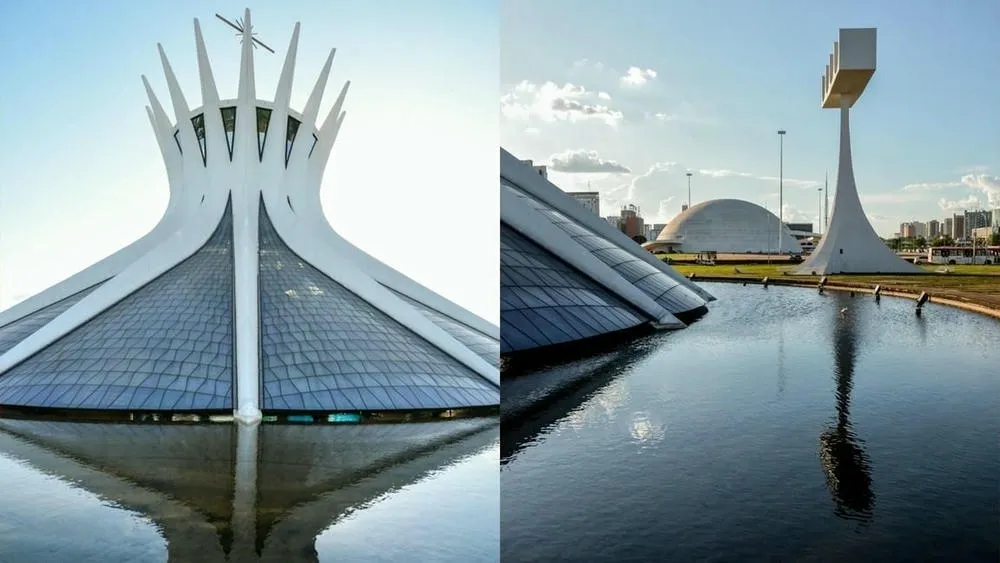 The Cathedral of Brasília, with its hyperbolic concrete structure and stained glass, surrounded by a water mirror.