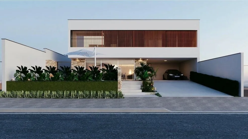 House with a built-in roof and white platband, with lush vegetation in front and an underground garage. The built-in roof is generally cheaper.