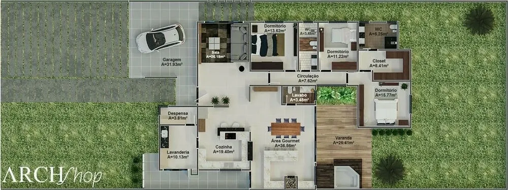 Humanized floor plan of the Canada Project, a single-story house with three bedrooms, office, and gourmet area.