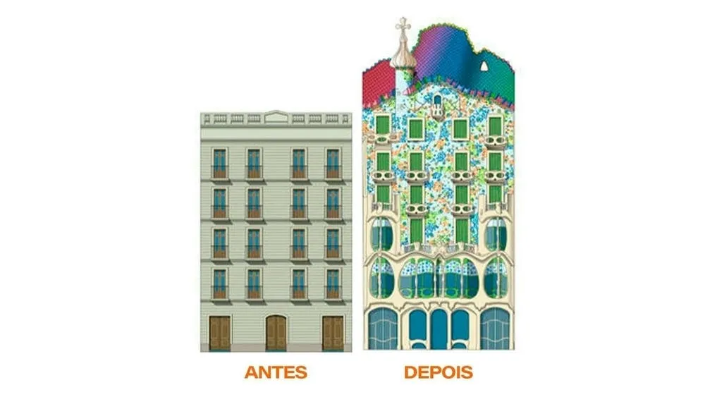 Comparativo 'Antes' e 'Depois' da reforma da Casa Batlló, evidenciando a transformação para o estilo Art Nouveau.