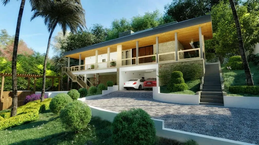 Projeto de casa de campo avarandada com declive lateral, estilo moderno e paisagismo integrado, que proporciona um design único e aconchegante.