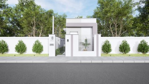 Fachada moderna de casa de una planta con líneas rectas y elementos en tonos de gris y blanco. Posee portón de metal calado y paisajismo discreto.