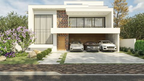 Fachada moderna de casa de dos pisos con 4 suites y oficina, terreno plano de 18x40m. Destacan los volúmenes blancos, detalles en madera y cerámica, amplios ventanales y garaje cubierto.