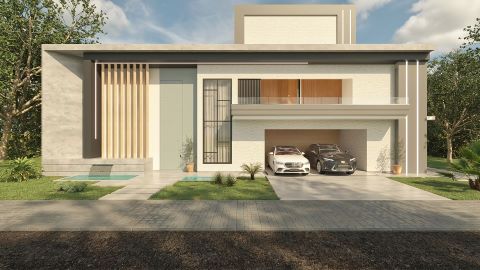Fachada de casa de dos plantas moderna con detalles en madera, vidrio y hormigón visto. Tiene una piscina compacta en la entrada y un amplio garaje para dos coches.