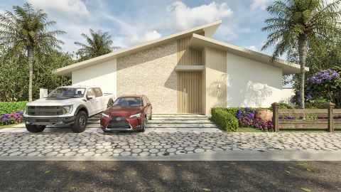 Fachada moderna de casa térrea em terreno 18x24m, com 4 suítes e área gourmet com hidromassagem. Destaca-se a laje inclinada e o revestimento em pedra.