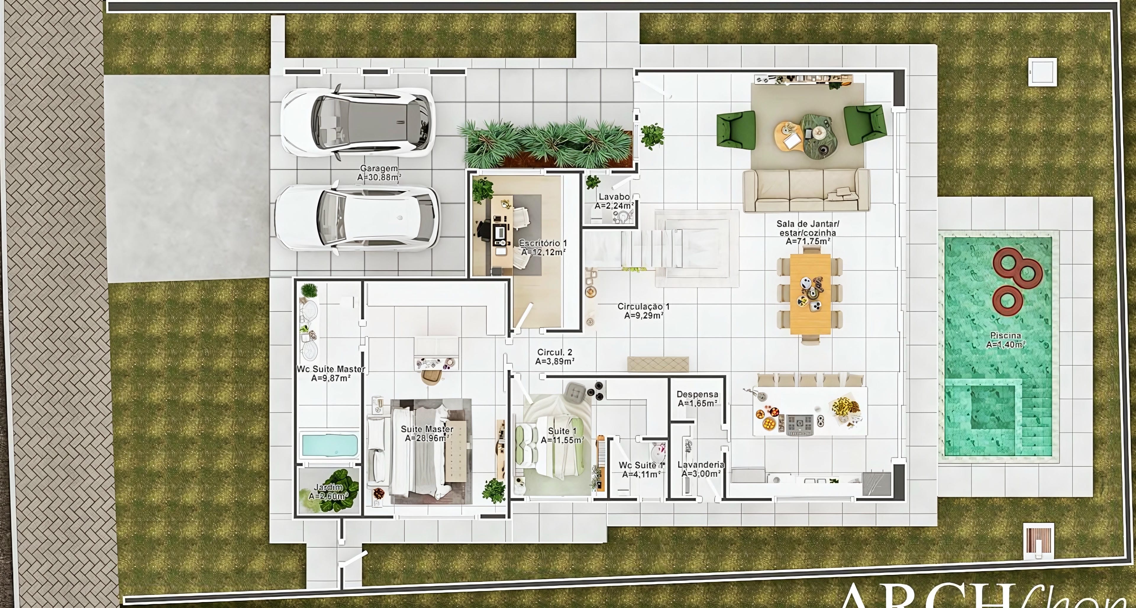 Planta baja de casa de dos niveles moderna con 2 suites, cocina gourmet integrada, área de ocio con piscina y oficina.
