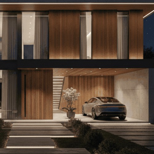 Fachada de casa moderna com revestimento em madeira, iluminação integrada e porta de entrada imponente, com carro elétrico estacionado em garagem automatizada.