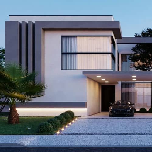 Fachada de casa moderna com linhas retas, volumes em concreto aparente e cinza, e iluminação em LED sutil na paisagem.