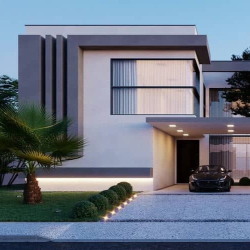 Fachada de casa moderna com design minimalista, linhas retas, grandes janelas e iluminação externa suave. Um carro esportivo preto estacionado na entrada de garagem.