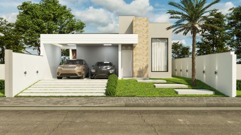 Fachada moderna de casa de una planta en terreno estrecho, destacando el área gourmet, piscina y volumetría clean con detalles en piedra.