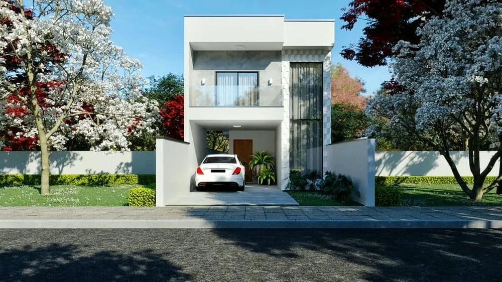 Proyecto de casa pequeña de dos pisos con ventana alta y balcón frontal, que proporciona un diseño encantador y funcional.