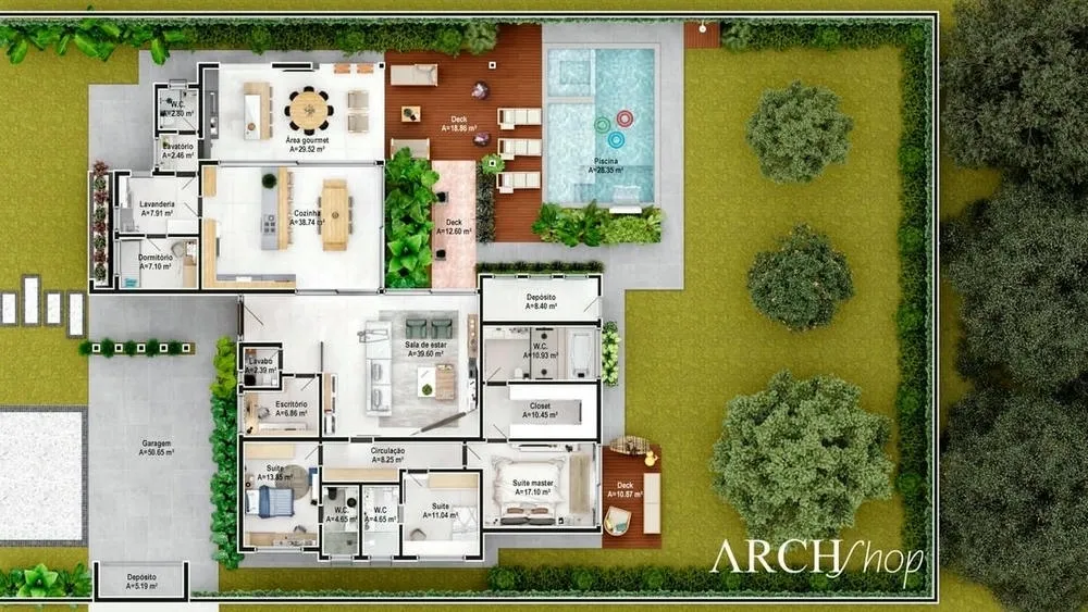Casa de una sola planta con cuatro dormitorios, área gourmet y piscina, ideal para ocio y convivencia familiar.