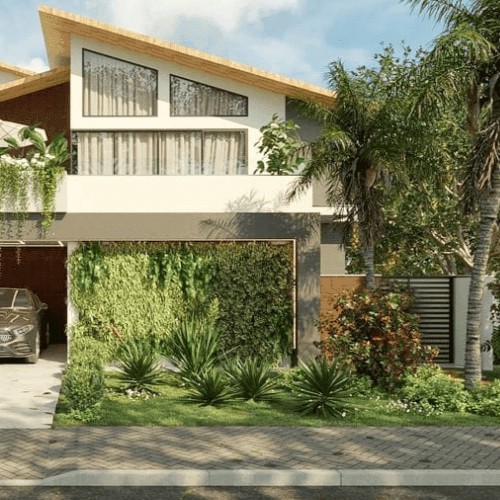 Fachada de casa moderna com telhado inclinado aparente, amplas janelas e um impressionante jardim vertical na área externa.