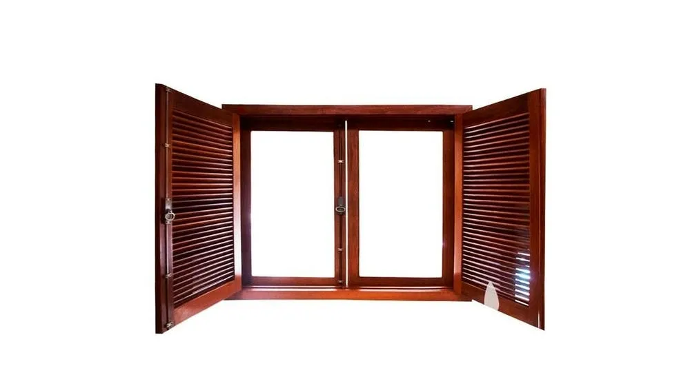 Dark wooden casement window, opening inwards, showing the two panels.