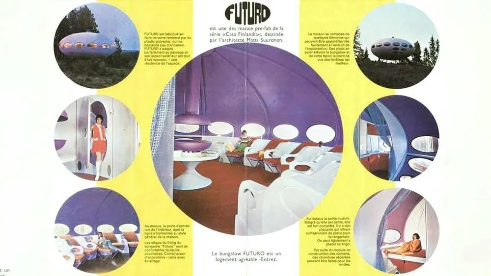 Um catálogo da Futuro House com imagens de seus interiores e exteriores, mostrando a funcionalidade e o design dos espaços. Há fotos da casa em diferentes paisagens e detalhes de seus cômodos internos, como a área de estar, banheiro e quartos. O texto em francês descreve suas características e benefícios.