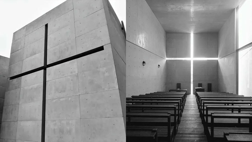 Composition of two images of the Church of Light: on the left, a close-up of the concrete facade with a cross-shaped cut-out; on the right, the interior of the church with the same illuminated cross, demonstrating the emphasis on light in Tadao Ando's minimalist architecture.