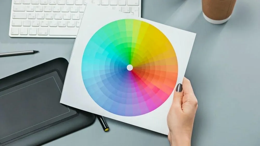 Um círculo cromático mostrando as relações entre as cores, com segmentos indicando cores primárias, secundárias e terciárias.